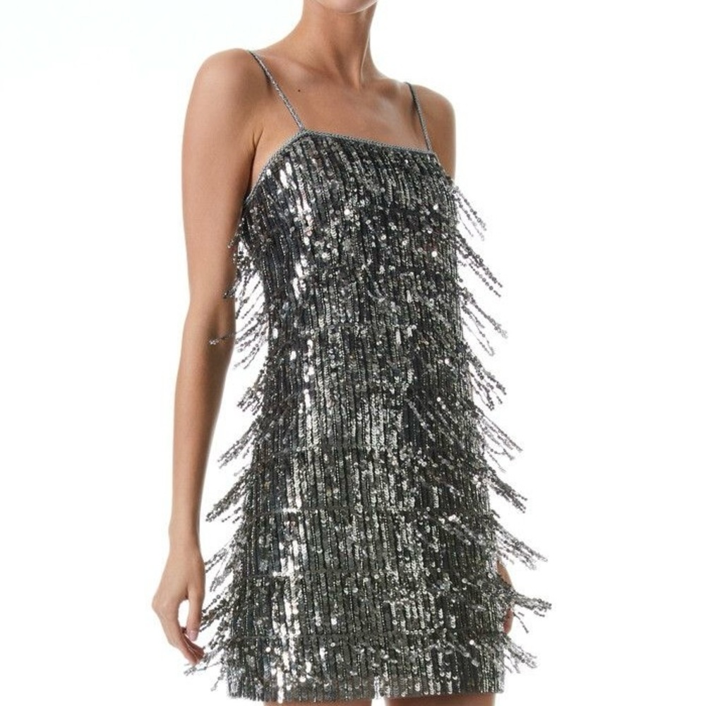 Alice + Olivia Silver Sequin Spaghetti-Strap Mini